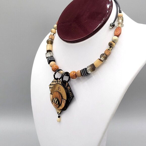 Suzanne Bellows Choker Collar Necklace Fiber Art Pendant Mixed Media Signed - Picture 3 of 7